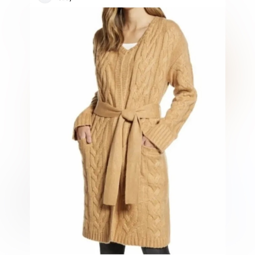 Rachel Parcell camel tan cable knit long sleeve collar less cardigan size small